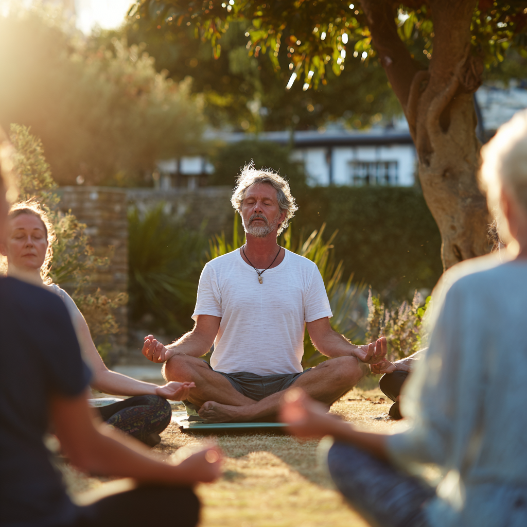 Experienced yoga instructor guiding mature adults in a peaceful outdoor garden setting with morning sunlight