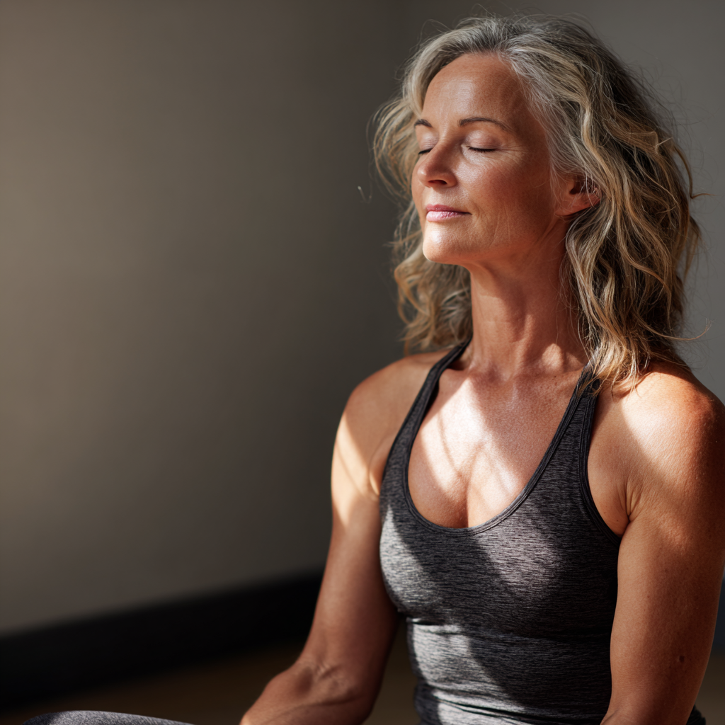 Middle-aged woman practicing gentle yoga poses in a serene studio environment with natural lighting